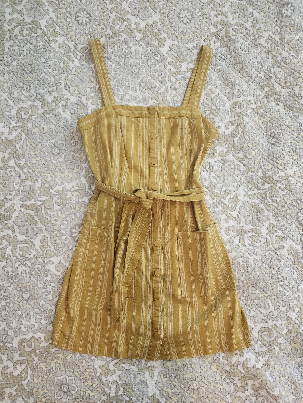 Mustard Yellow Striped Button-Front Mini Dress with Belt